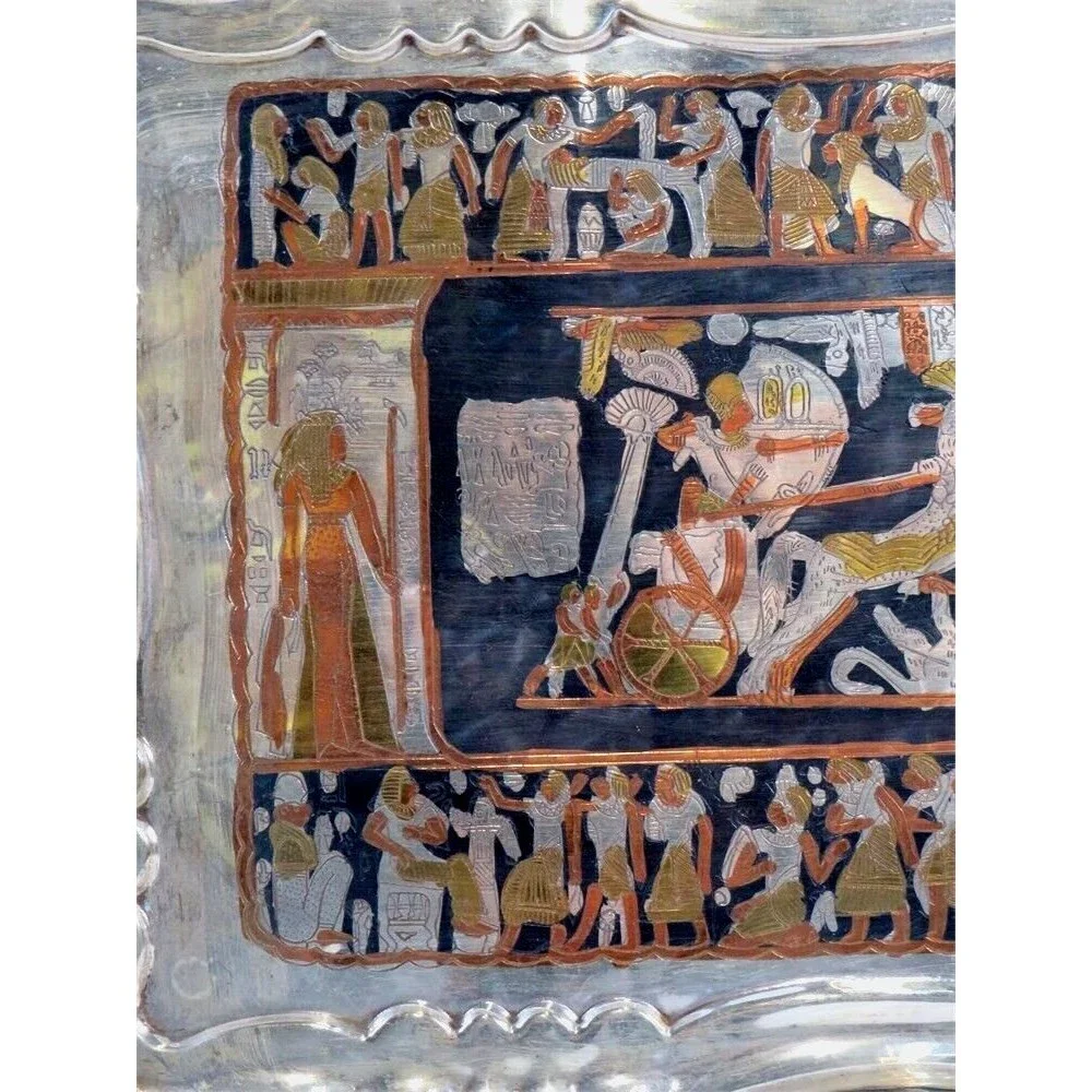 Vintage Egyptian Figural Horse Chariot Copper Silver Metal Serving Platter Tray - Picture 7 of 13